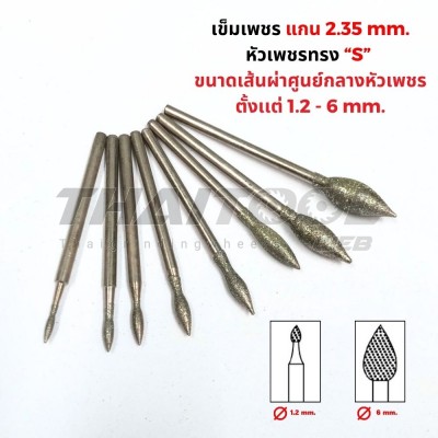 เข็มเพชรแกน 2.35 มิล "ทรงดอกบัว" S หัวโต 1.2 - 6 mm.