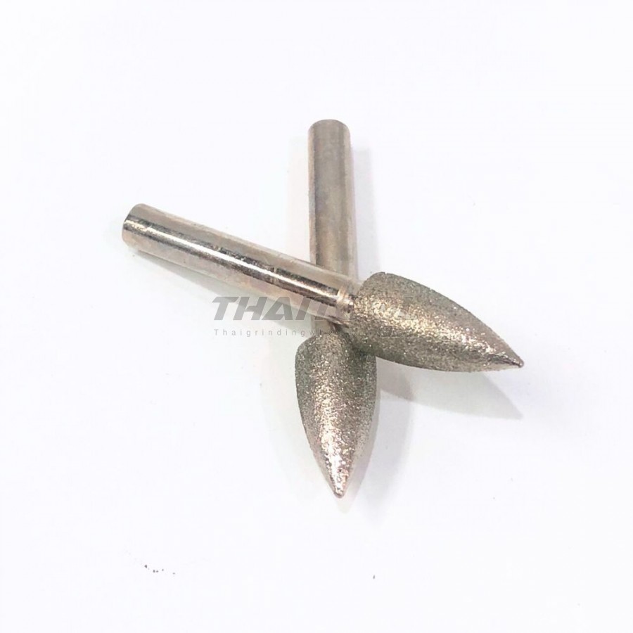 หัวเจียรเพชรแกน 6 mm J ทรงกรวยแหลม หัวโต 10 mm. (CN) รุ่นมารตรฐาน 